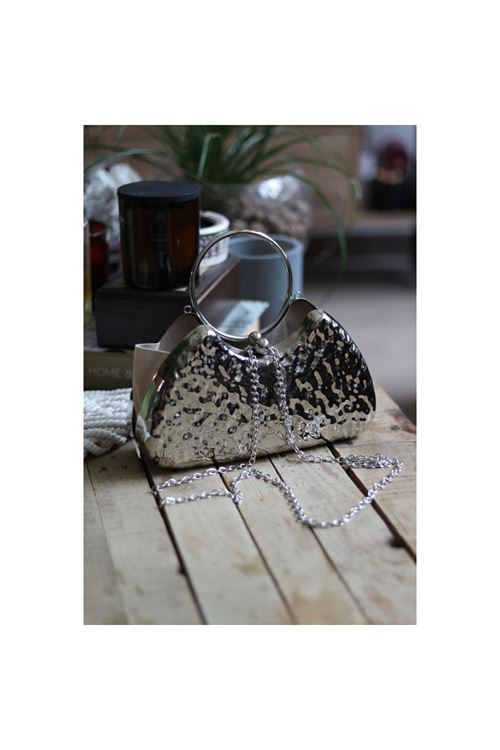 Silver Taş Doku Metalik Oval Tutma Form Abiye El Çantası