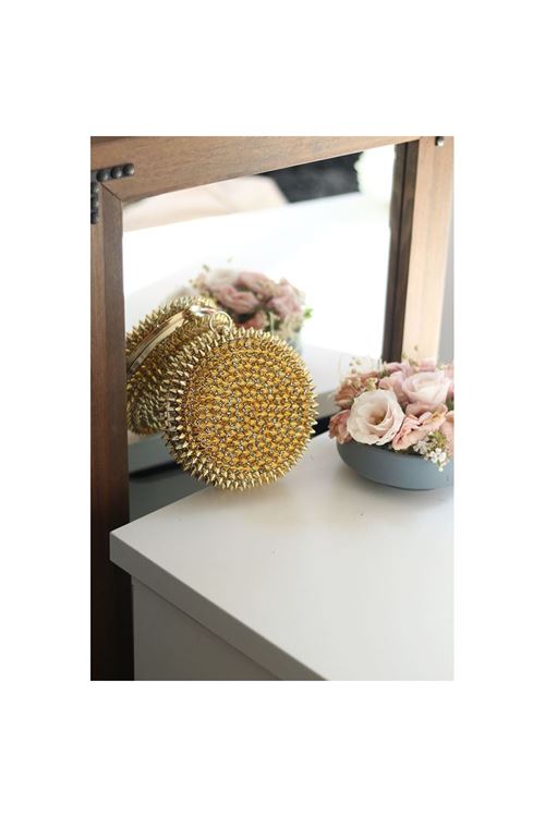 Kadın Gold Yuvarlak Sivri Uçlu Metal Abiye Çanta