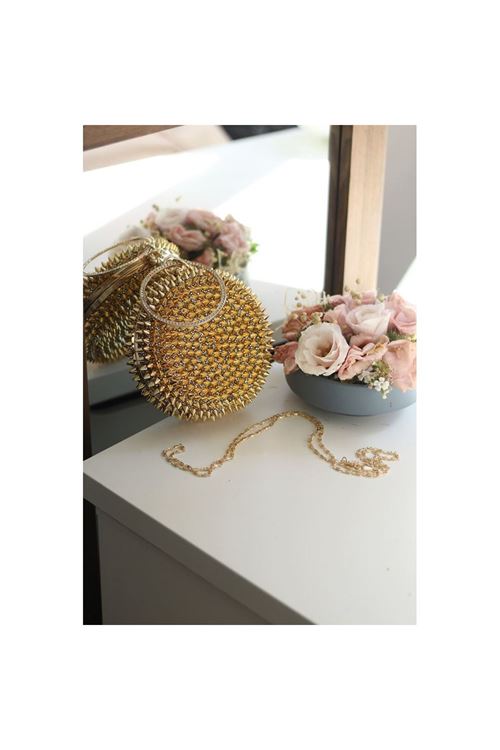 Kadın Gold Yuvarlak Sivri Uçlu Metal Abiye Çanta