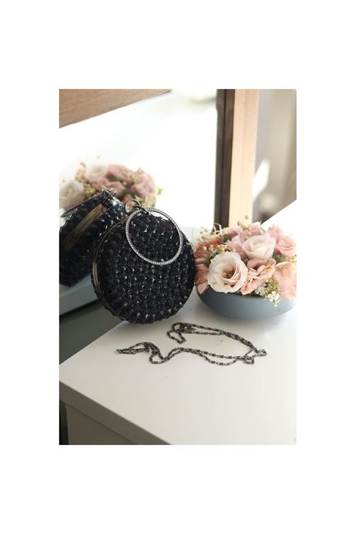 Siyah Yuvarlak Sivri Uçlu Metal Abiye Çanta