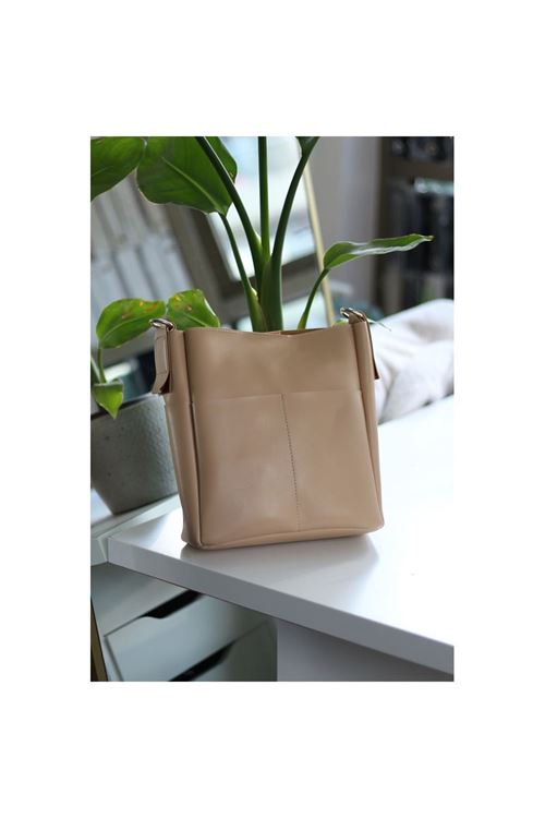 Kadın Nude Çift Cep Detaylı Büyük Boy Askılı Omuz Çantası