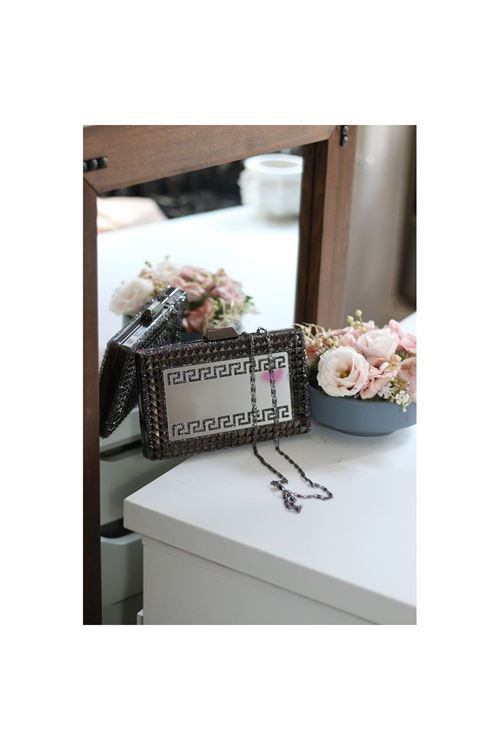 Kadın Siyah Taş Detaylı Desenli Abiye Çanta