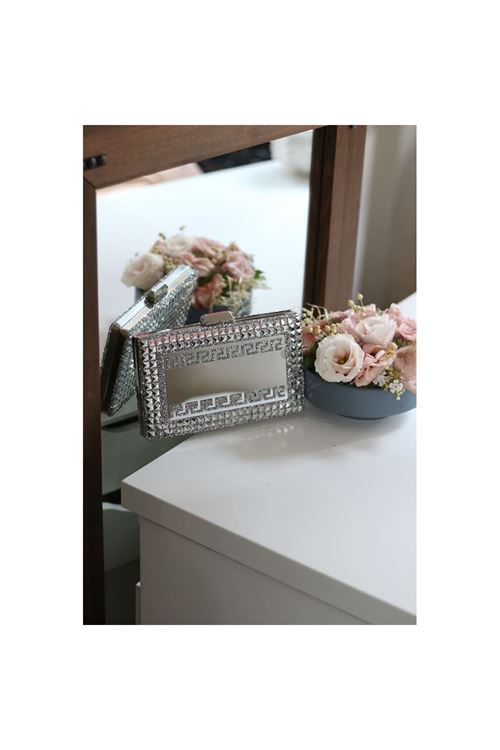 Kadın Gümüş Taş Detaylı Desenli Abiye Çanta