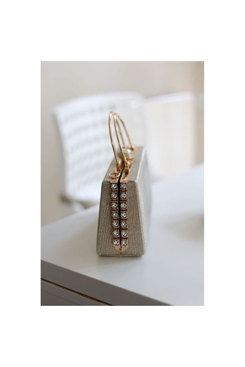 Gold Simli Özel Kristal Detay Metal Saplı Abiye Çanta
