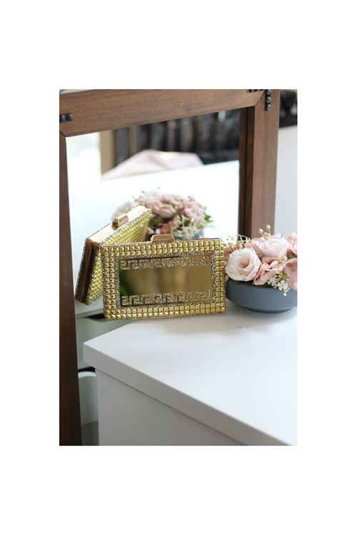 Kadın Gold Taş Detaylı Desenli Abiye Çanta