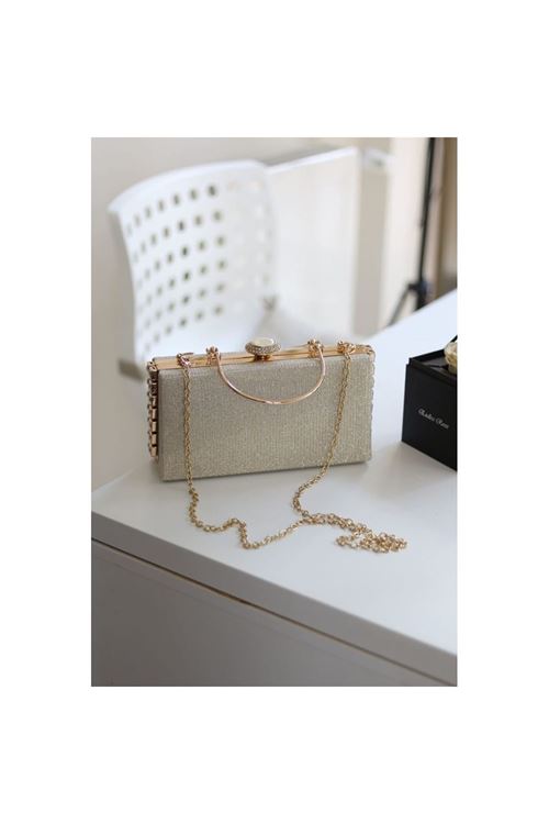 Gold Simli Özel Kristal Detay Metal Saplı Abiye Çanta