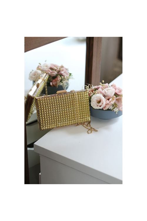 Kadın Gold Taş Detaylı Desenli Abiye Çanta