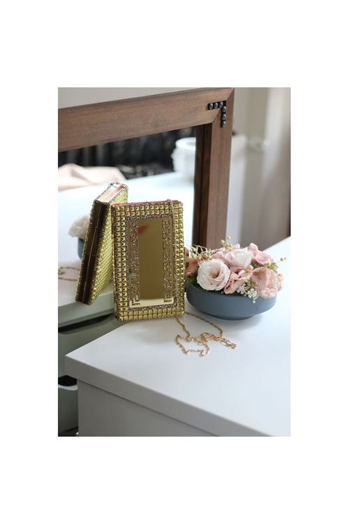 Kadın Gold Taş Detaylı Desenli Abiye Çanta