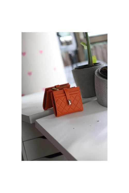 Turuncu Kare Baklava Desenli Mini Kartlık Cüzdan