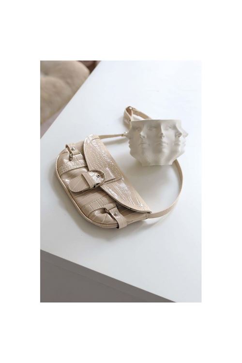 Krem Krok Kemerli Omuz Çantası