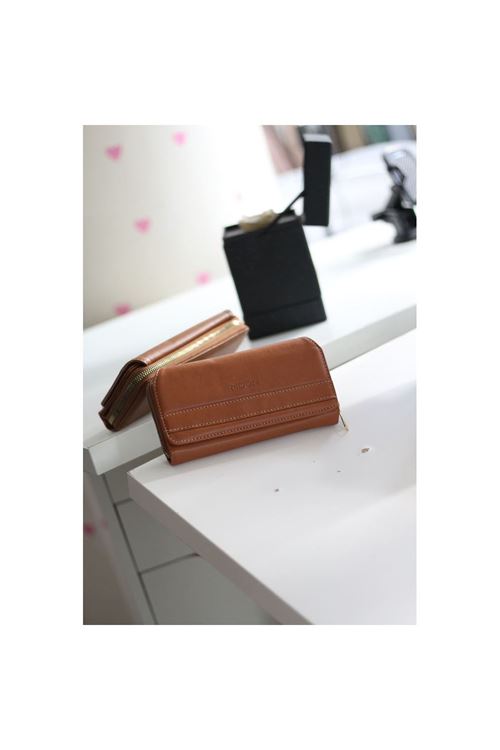 Kadın Taba Klişe Detaylı Büyük Boy Kartlıklı Cüzdan