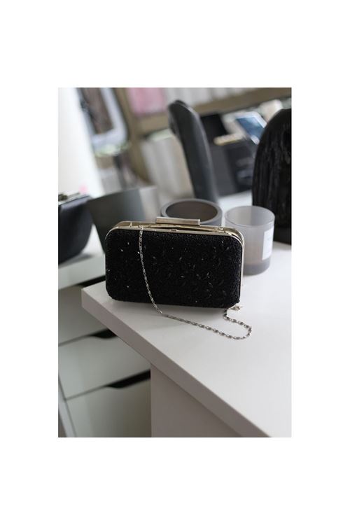 Kadın Siyah Taş İşleme Desenli Abiye Kasa  El Çantası