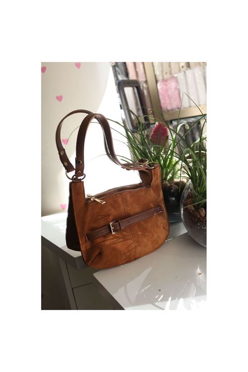 Kadın Camel Süet Gold Toka Detaylı Slim Omuz Çantası