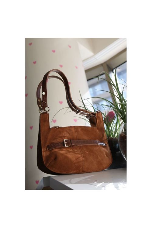 Kadın Camel Süet Gold Toka Detaylı Slim Omuz Çantası