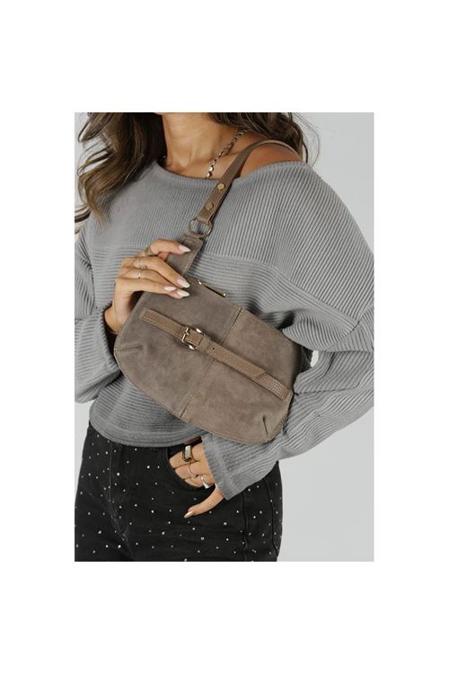 Kadın Vizon Süet Gold Toka Detaylı Slim Omuz Çantası