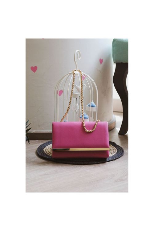Fuşya Yumuşak Doku Gold Şerit Kalıp Omuz Çantası