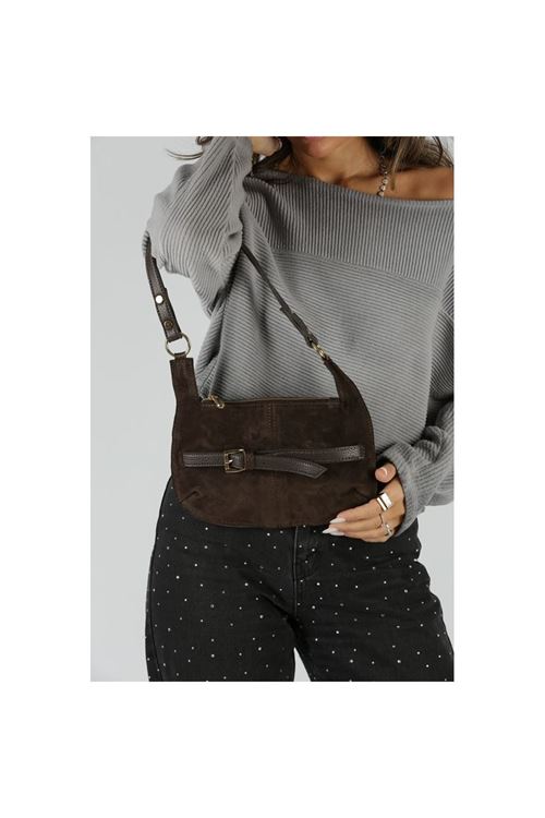 Kadın Acı Kahve Süet Gold Toka Detaylı Slim Omuz Çantası