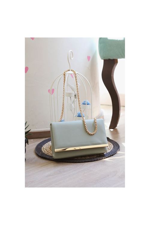 Mint Yeşili Yumuşak Doku Gold Şerit Kalıp Omuz Çantası