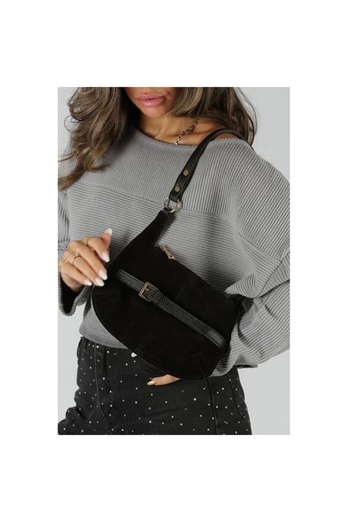 Kadın Siyah Süet Gold Toka Detaylı Slim Omuz Çantası