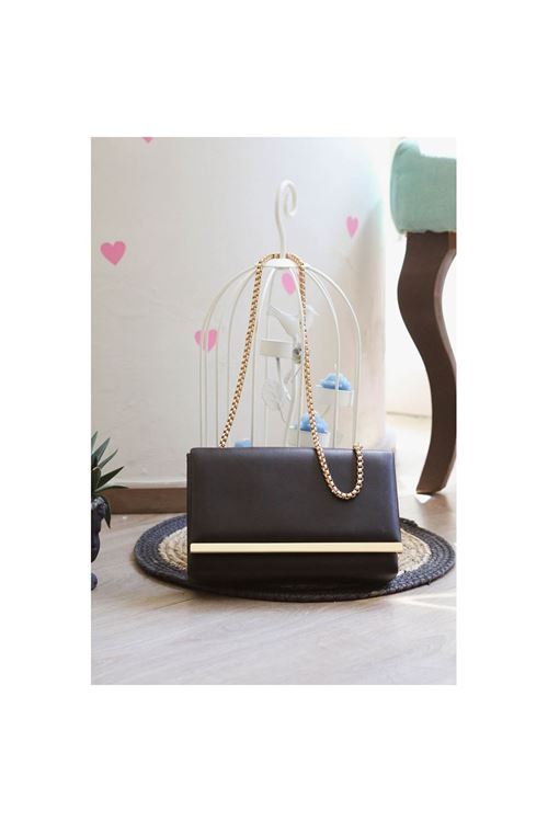 Siyah Yumuşak Doku Gold Şerit Kalıp Omuz Çantası