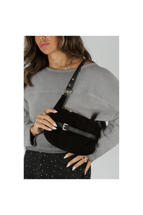 Kadın Siyah Süet Gold Toka Detaylı Slim Omuz Çantası