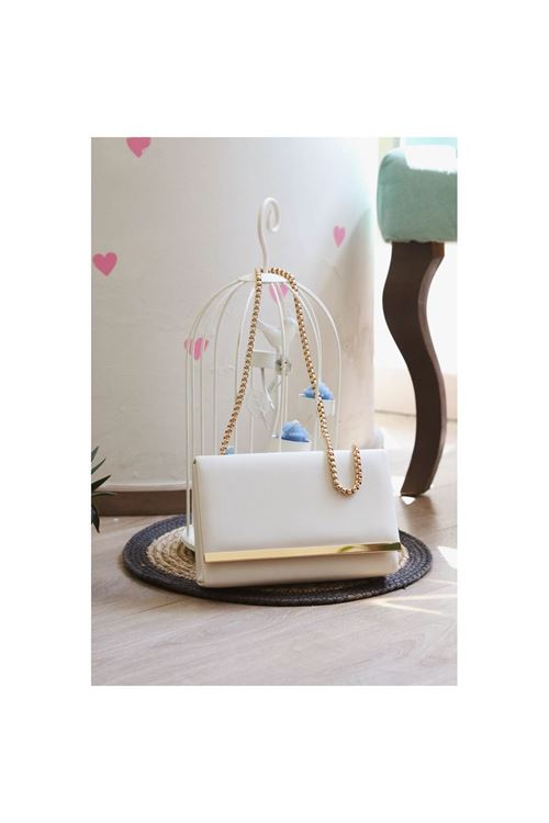 Krem Yumuşak Doku Gold Şerit Kalıp Omuz Çantası