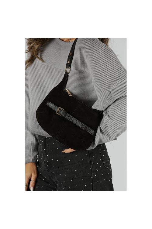 Kadın Siyah Süet Gold Toka Detaylı Slim Omuz Çantası