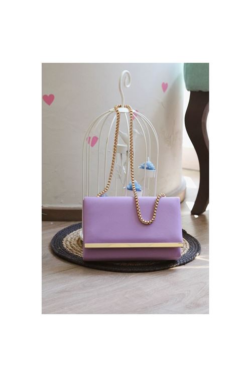 Lila Yumuşak Doku Gold Şerit Kalıp Omuz Çantası