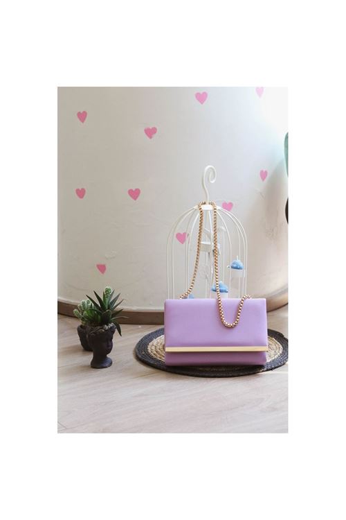 Lila Yumuşak Doku Gold Şerit Kalıp Omuz Çantası