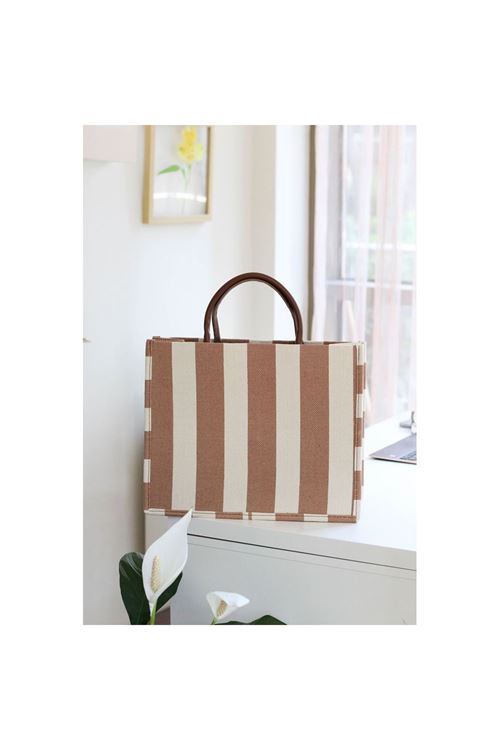 Kahve Keten Dokulu Çizgili Çanta