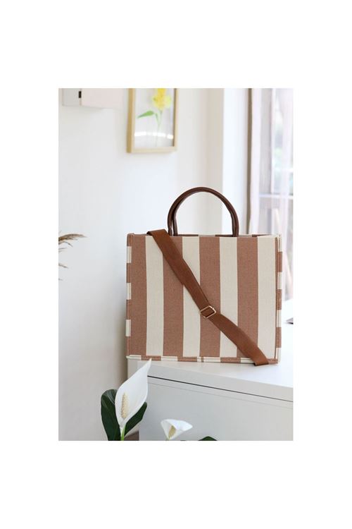 Kahve Keten Dokulu Çizgili Çanta