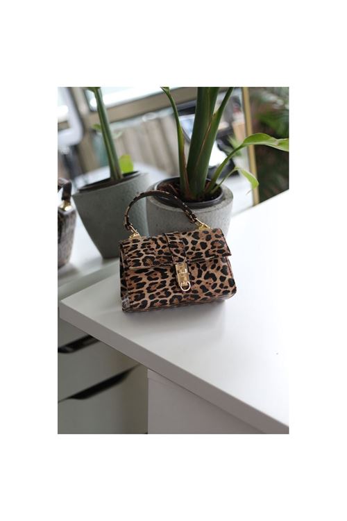 Kadın Leopar Desenli Toka Detaylı Zincirli El Omuz Çantası