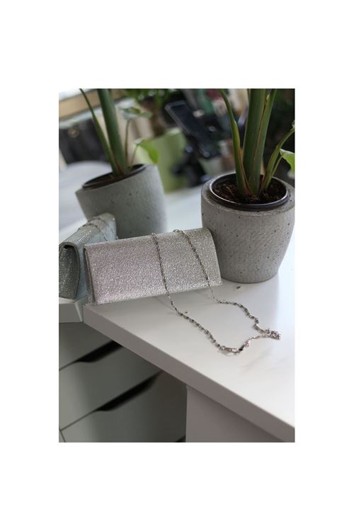 Kadın Silver Taş Kapak Detaylı Zincirli Abiye Omuz Çantası