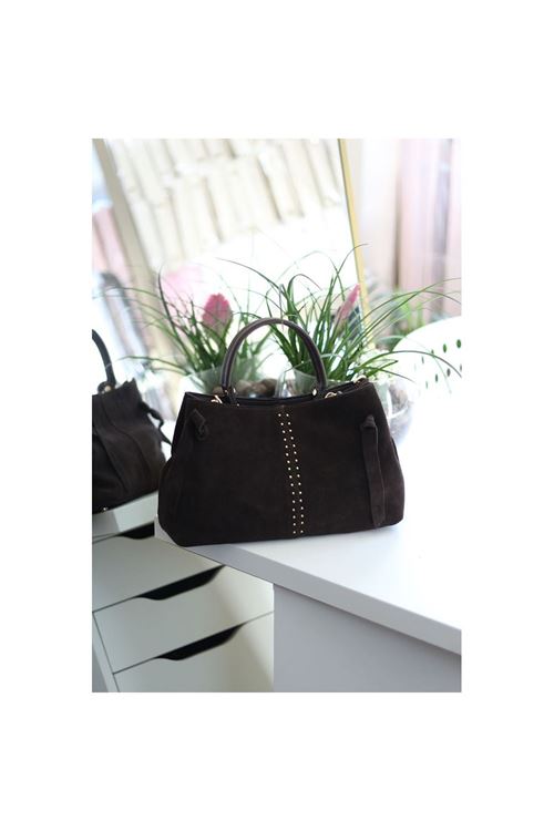 Kadın Acı Kahve Süet Gold Zımba Detaylı Omuz Çantası