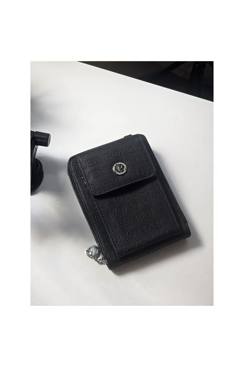 Siyah Kabartma Desenli 2 gözlü Telefon Çantası