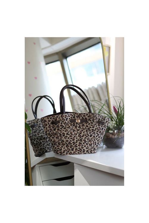 Kadın Leopar Süet Gold Toka Detaylı Büyük Boy Omuz Çantası