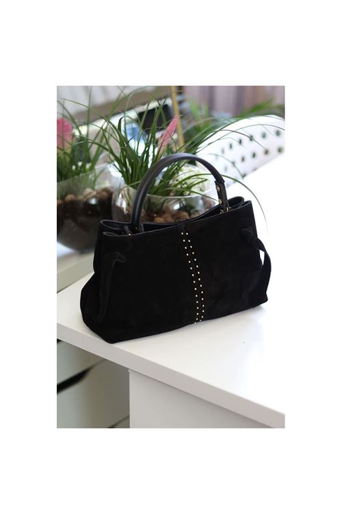 Kadın Siyah Süet Gold Zımba Detaylı Omuz çantası