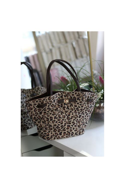 Kadın Leopar Süet Gold Toka Detaylı Büyük Boy Omuz Çantası