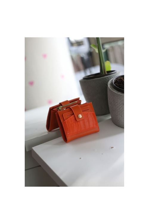 Kadın Turuncu Kroko Desenli Kartlık Detayl Kare Cüzdan