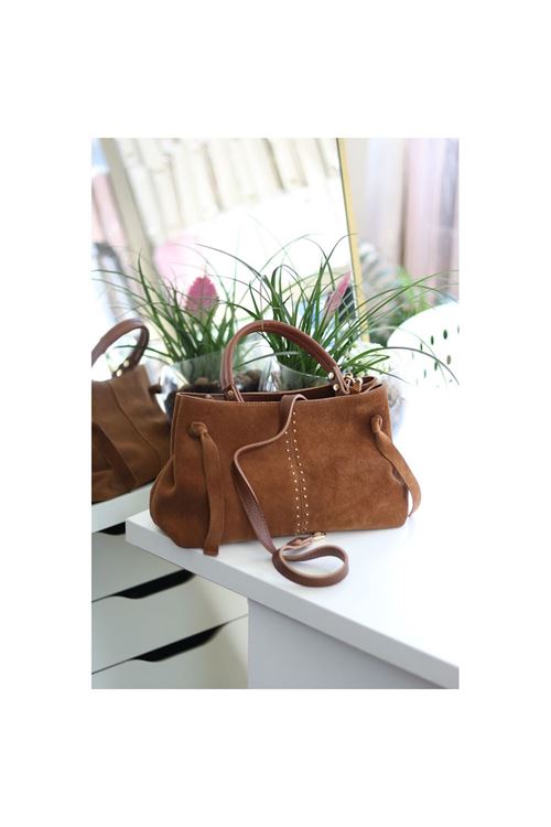 Kadın Camel Süet Gold Zımba  Detaylı Omuz Çantası