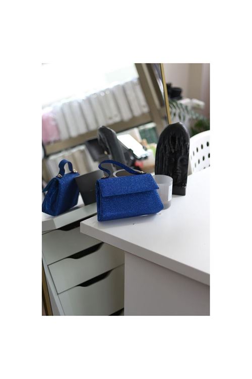 Kadın Mavi Simli Tutma Detaylı Abiye Omuz Çantası