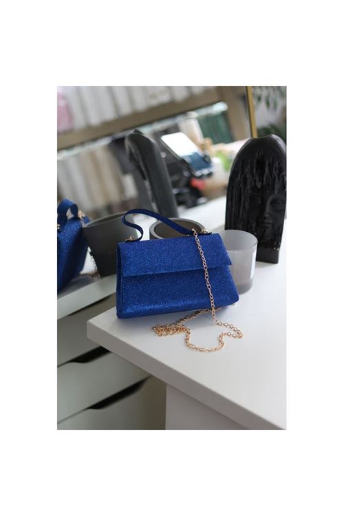 Kadın Mavi Simli Tutma Detaylı Abiye Omuz Çantası