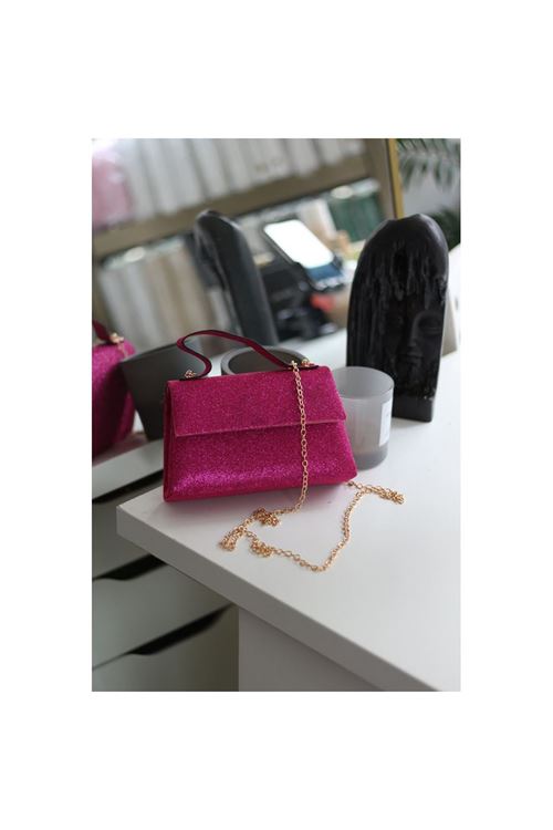 Kadın Fuşya Simli Tutma Detaylı Abiye Omuz Çantası