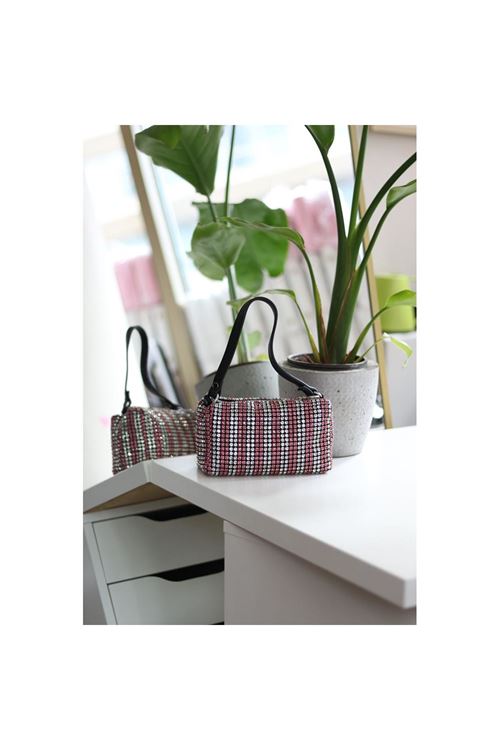 Kadın Silver Pembe Deri Askılı Taşlı Abiye Omuz Çantası