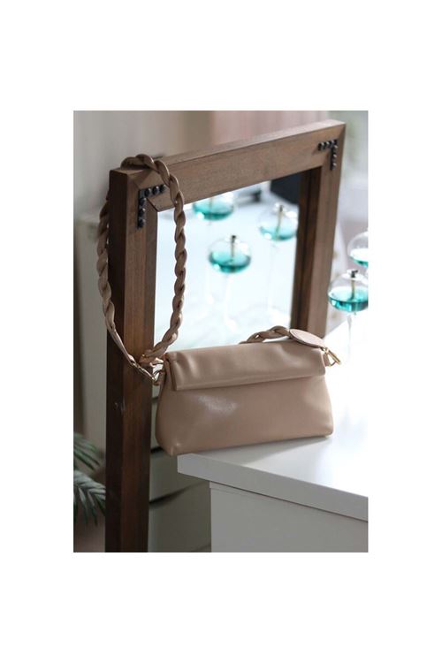 Kadın Nude Örgü Saplı Yumuşak Dokulu Büzgülü Omuz Çantası