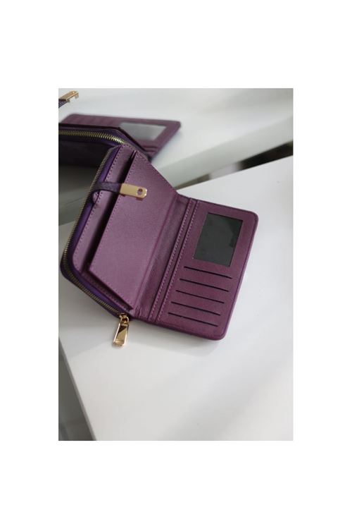Kadın Mor Eskitme Doku Gold Aksesuar Detaylı Cüzdan