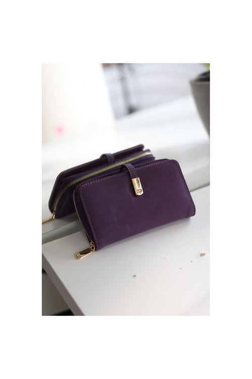 Kadın Mor Eskitme Doku Gold Aksesuar Detaylı Cüzdan