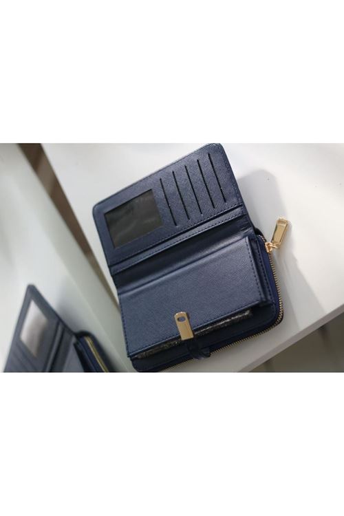Kadın Lacivert Eskitme Doku Gold Aksesuar Detaylı Cüzdan