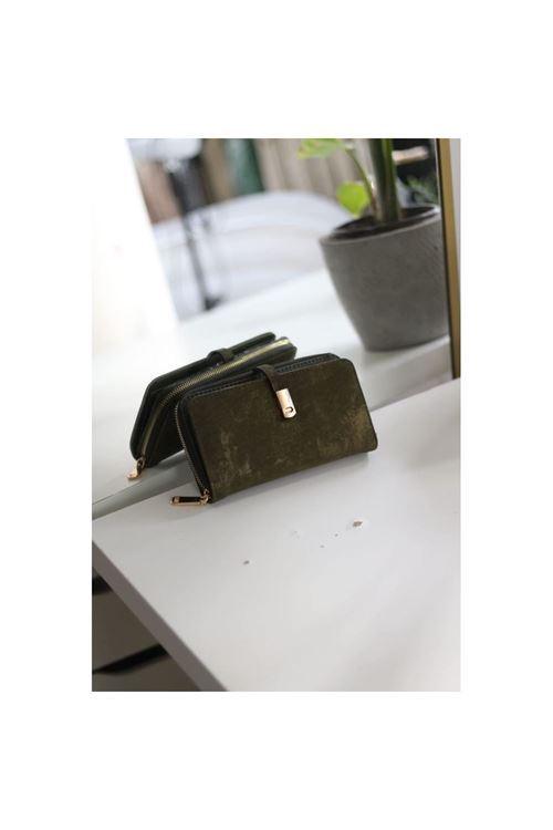 Kadın Haki Yeşili Eskitme Doku Gold Aksesuar Detaylı Cüzdan