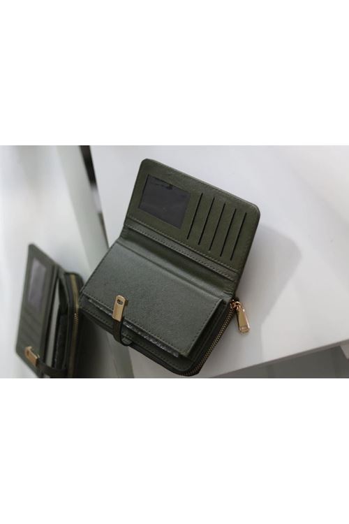 Kadın Haki Yeşili Eskitme Doku Gold Aksesuar Detaylı Cüzdan